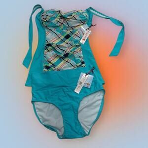Plaid Panel Turquoise One-Piece Swimsuit - Women Swim